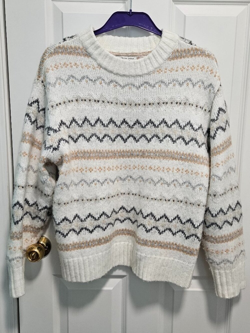 American Eagle Fair Isle Knit Sweater Women's Small Cream Gray Tan Cozy Pullover